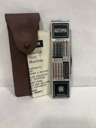 Vintage Arithma Addiator Adding Machine Calculator W/ Stylus,  Case& Instructions