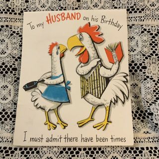 Vintage Greeting Card Birthday Husband Roosters Cooking