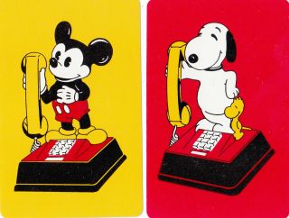 2 Swap Playing Cards Vintage Micky Mouse & Snoopy Dog On Telephone