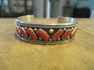 Extra Fine Vintage Navajo Sterling Silver Red Oxblood Coral Row Bracelet
