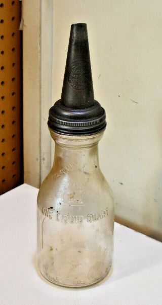 L5038 - Vintage 1926 Master Mfg Co.  Oil Bottle Spout W/ Duraglas 1 Quart Bottle
