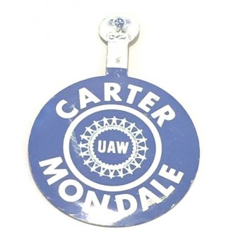 Vintage Tab Foldover Button 1 1/2 " Carter Mondale Uaw Campaign Blue White