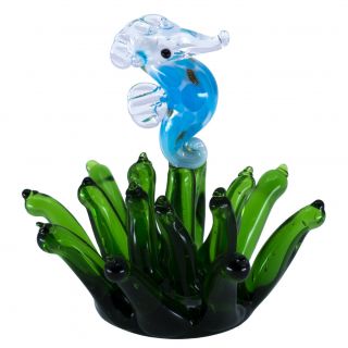Miniature Hand Blown Glass Seahorse In Seaweed Figurine 2 " High