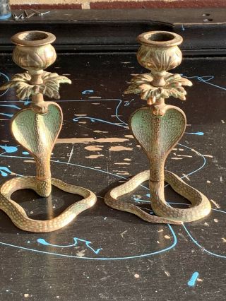Vintage Brass Or Copper Cobra Candlesticks 5 1/2 " Tall