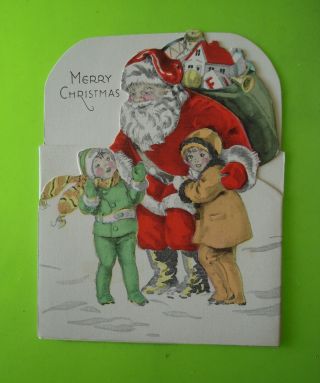 Vtg.  Rust Craft Christmas Card - 920s - 1930s Boy & Girl Greet Santa - Die - Cut