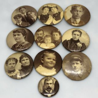 10 Antique Early 1900’s Photo Button Pinback Male Female Mustache Kids Soldier