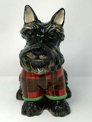 Scotty Cookie Jar Ceramic Black Plaid Red Christmas Sweater Scottish Terrier 13 "