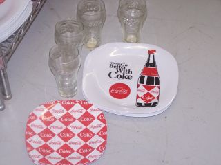 Coca Cola Melmine Melmac 12 Pc Dish Set,  4 Each 11 " Plate,  Dessert Plate & Glass