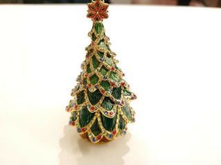 Vintage Christmas Tree Trinket Box Red Green Crystal Enamel Hinged Swarovski