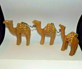 Vintage 3 Camel Train Figurines Hand Carved Wooden Caravan