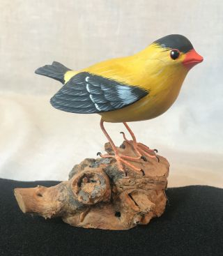 Hand Carved & Painted Wooden Gold Finch Bird On Drift Wood