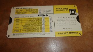 Vintage 1969 Square D Company Motor Data Calculator Wire Conduit Data 3 Phrase