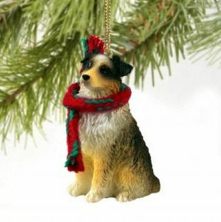 Australian Shepherd Dog Docked Christmas Ornament Holiday Figurine Scarf Brown
