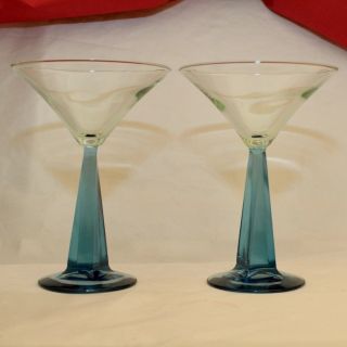 Pair Bombay Sapphire Martini Glasses Twisted Square Blue Stems