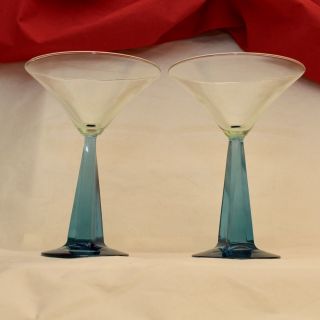 PAIR BOMBAY SAPPHIRE MARTINI GLASSES TWISTED SQUARE BLUE STEMS 2