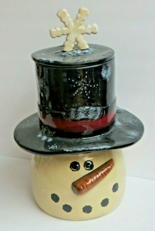 Snowman Head Top Hat Double Cookie Jar Beige Black 3 Sections Ceramic 15.  5 "