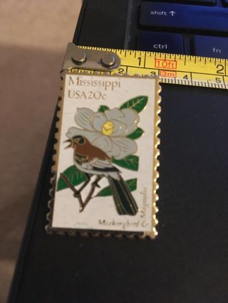 Vintage Pin; Mississippi 20 Cent Postage Stamp,  Mocking Bird And Magnolia