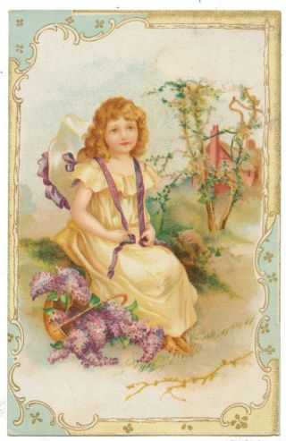 Ellem Clapsaddle Piano Trade Card - Girl In Yellow Dress Takes A Lilac Hunt Rest