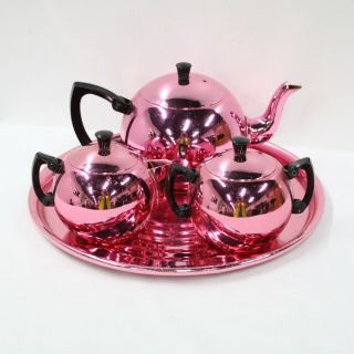 Retro Towerbrite Pink Tea Set Anodised Stainless Teapot Jug Tray & Bowl 453