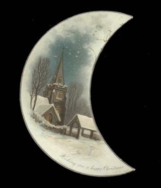 G42 - Snowy Church - A.  F.  Lydon - Crescent Shape - Victorian Christmas Card