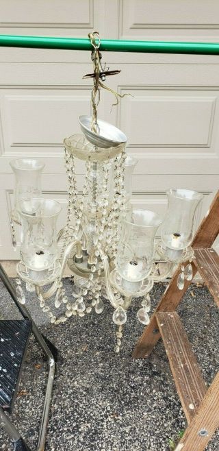 Vintage French Style 5 Arm Silver Chandelier Light.  Crystal Drops With Shades