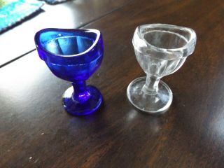 2 Glass Eye Cups For Washing Eye Out Cobalt Blue With M On Bottom & One Clear