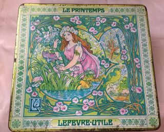 Vintage French Cookie Tin Box,  Alfons Mucha,  Spring,  Woman,  “lu” (lefèvre - Utile)