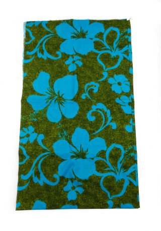 Vintage 50s 60s Hawaii Floral Green Blue Bright Barkcloth Fabric 150” X 43”
