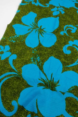 Vintage 50s 60s Hawaii Floral Green Blue Bright Barkcloth Fabric 150” X 43” 3