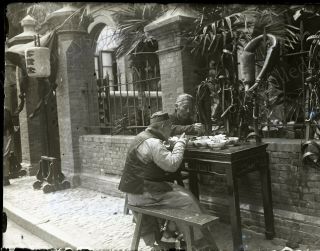 Chinese Men Dining In Front Of A Fine Building 1900s China Glass Photo Negative