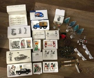 Dept.  56 Snow Village Accessories 27 Pc Trees Fence Cars & Heritage Flatbed