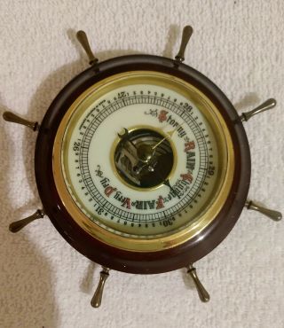 Vintage Barometer Nautical Ship Wheel Atco Made In Germany Wood Base Metal Knobs