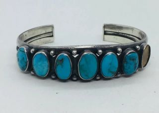Vintage Navajo Native American Sterling Silver Blue Turquoise Row Cuff Bracelet