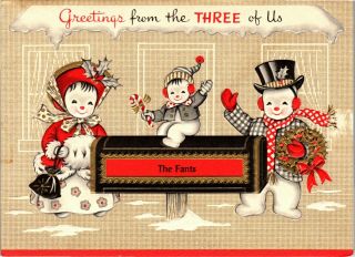 Happy Snowman Snowmen Family From Three Of Us Kid Vtg Christmas Greeting Card