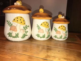 Sears And Roebuck Merry Mushroom Canister Set With Salt And Pepper Shaker