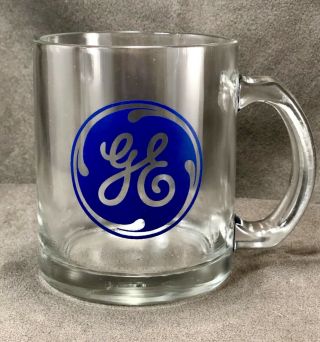 General Electric Ge Clear Glass Trade Show Coffee Mug Cup - Retro Blue Swirl Logo
