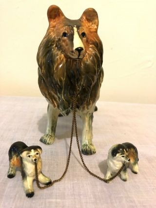 Vintage Collie Dog W/ 2 Puppies Statue Figurine