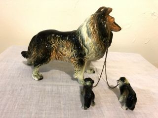 Vintage Collie Dog w/ 2 Puppies Statue Figurine 3