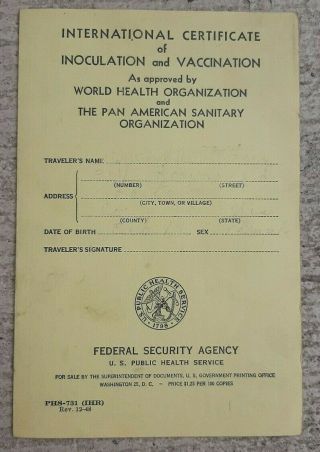 1950 Certificate Of Inoculation And Vaccination Card - Stopping World Apocalypse