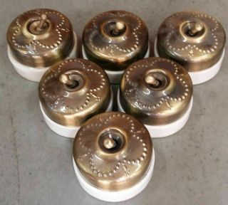 6 Pc Rare Vintage Brass & Ceramic Porcelain Light Electric Switches Button