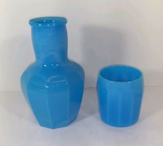 Blue Slag Glass Tumble Up Bedside Water Carafe & Tumbler Set.  Vintage