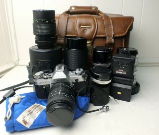 Canon Camera Bundle Ae - 1 35mm Slr Film Vintage Lenses Flash Huge Set