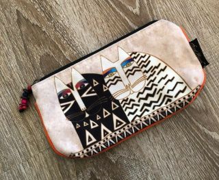 Laurel Burch Cats Beige Black Geometric Canvas Cosmetic Zipper Medium Case