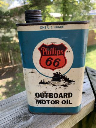 Vintage Phillips 66 Outboard Motor Oil 1 Qt Metal Can Gas Station Sign - Empty