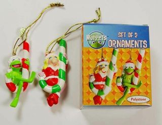Vintage Miss Piggy & Kermit Candy Cane The Muppets Christmas Ornaments Box