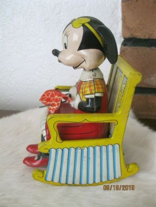Vintage 1950 ' s Disney Tin Minnie Mouse Knitting in Rocking Chair Wind - Up Toy 3