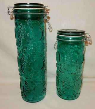 Set Of 2 Teal Blue/green Glass Fruit Canister Storage Jars 13 " & 9.  75 " Aqua