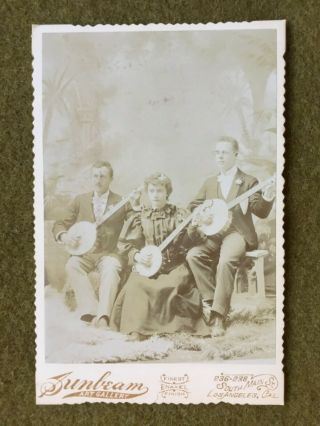 1890 Era Cabinet Card Photo Banjo Trio Sunbeam Gallery Los Angeles California