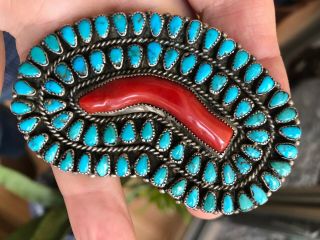 Neat Old Pawn Vintage Navajo / Zuni Turquoise & Coral & Silver Oval Pin Brooch