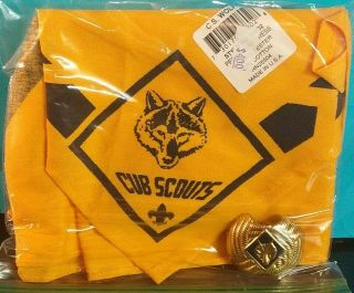 Boy Scouts Of America Wolf Cub Scout Neckerchief And Slide Yellow Scarf